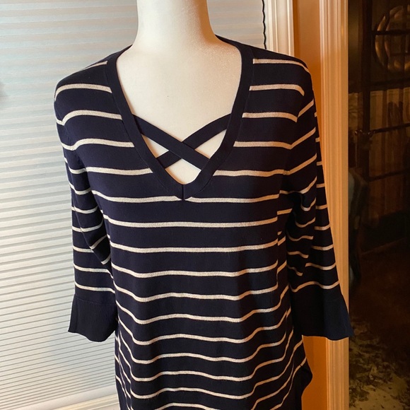Isela Large Tunic Sweater Navy & White 3/4 Sleeves - Picture 5 of 8